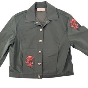 St John Sport Jacket Marie Gray Green Dragon Embroidered Gold Logo Buttons Sz S